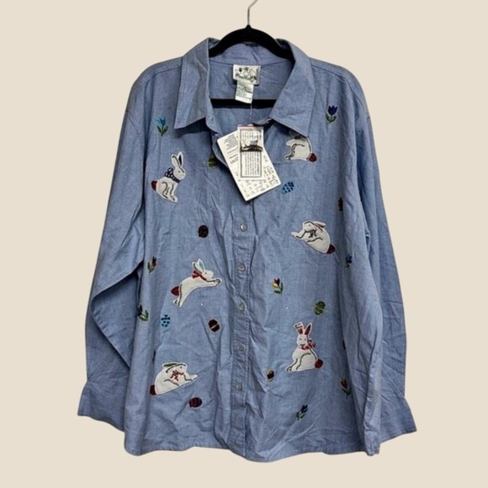 The Quacker Factory New Embroidered Spring Easter Bunny Button Down Blue 3X FLAW